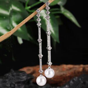 NEW~ Anthropologie Shashi Long Art Deco CZ Pearl Drop Earrings